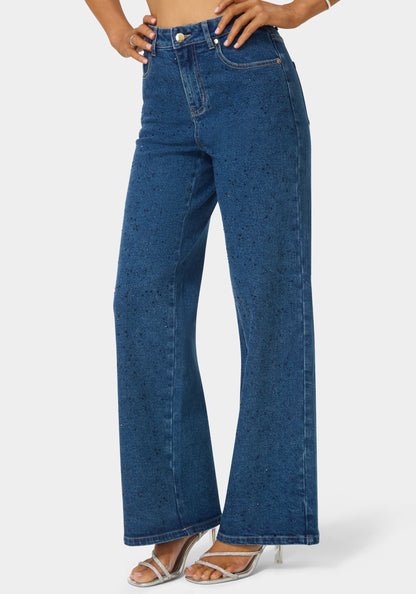Natural Waist Rhinestone Wide Leg Jeans