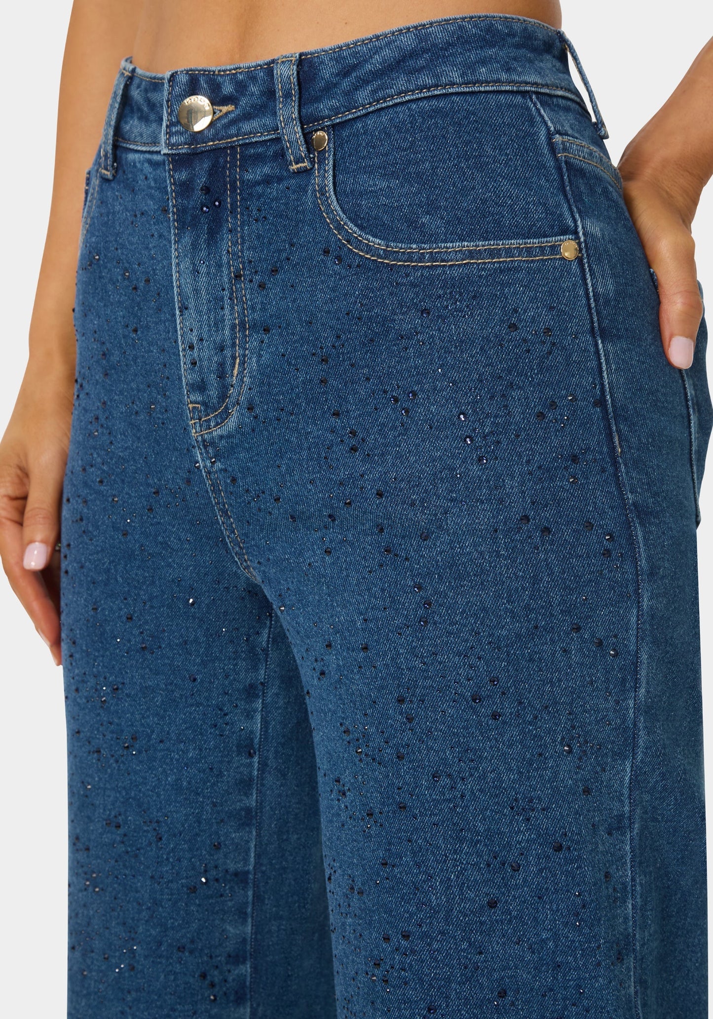 Natural Waist Rhinestone Wide Leg Jeans