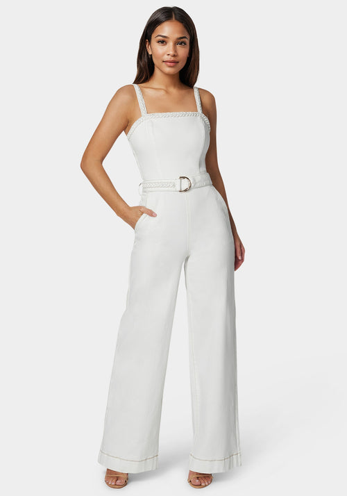 White Braided Wide Leg Denim Jumpsuit