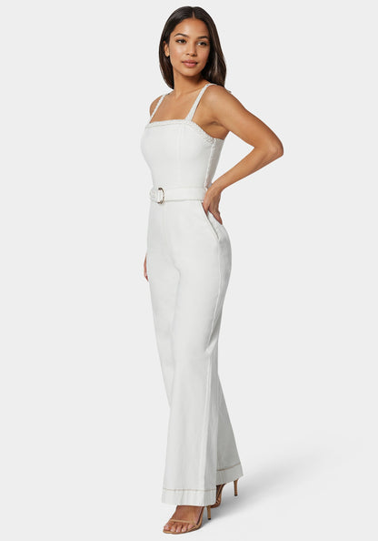 White Braided Wide Leg Denim Jumpsuit