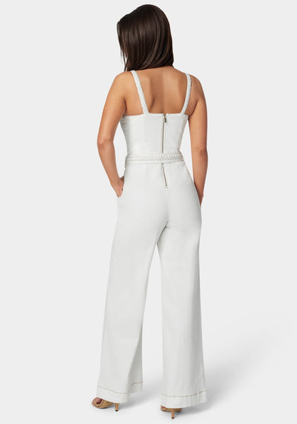 White Braided Wide Leg Denim Jumpsuit