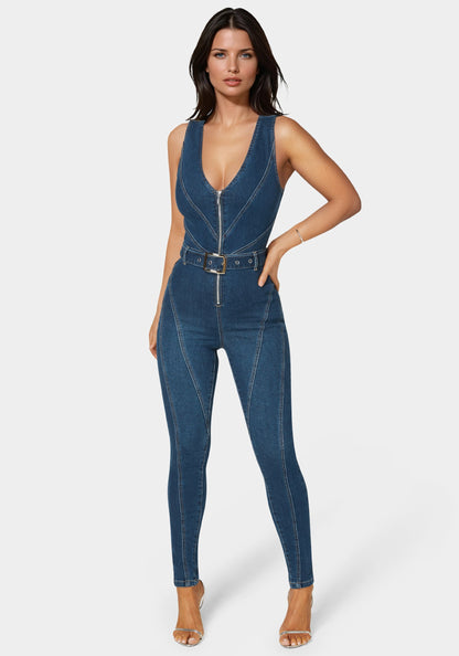 Belted Skinny Leg Denim Jumpsuit