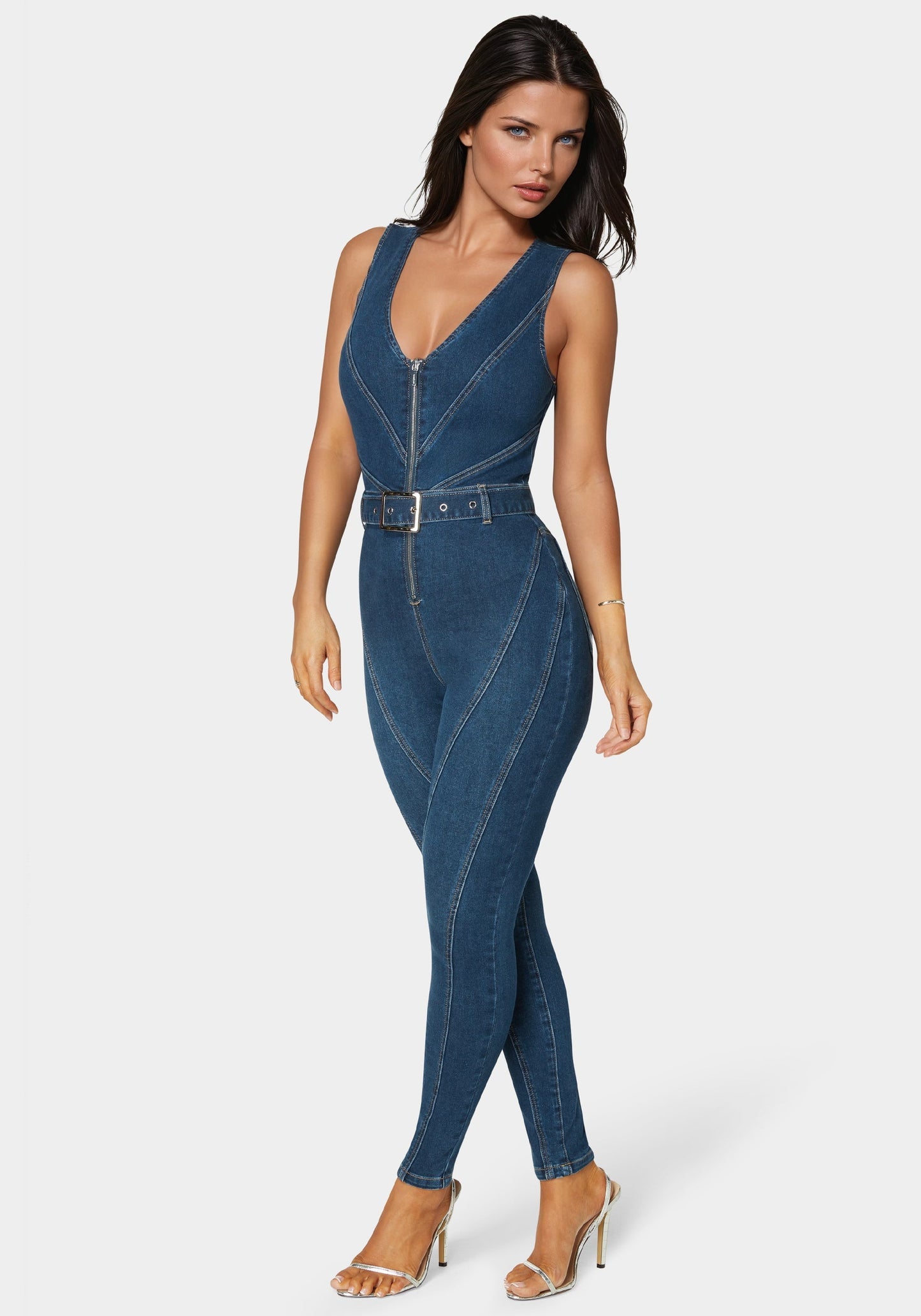 Belted Skinny Leg Denim Jumpsuit