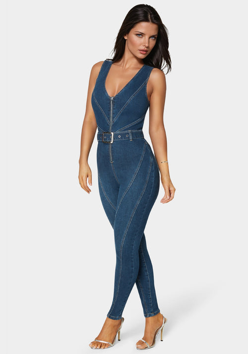 Belted Skinny Leg Denim Jumpsuit