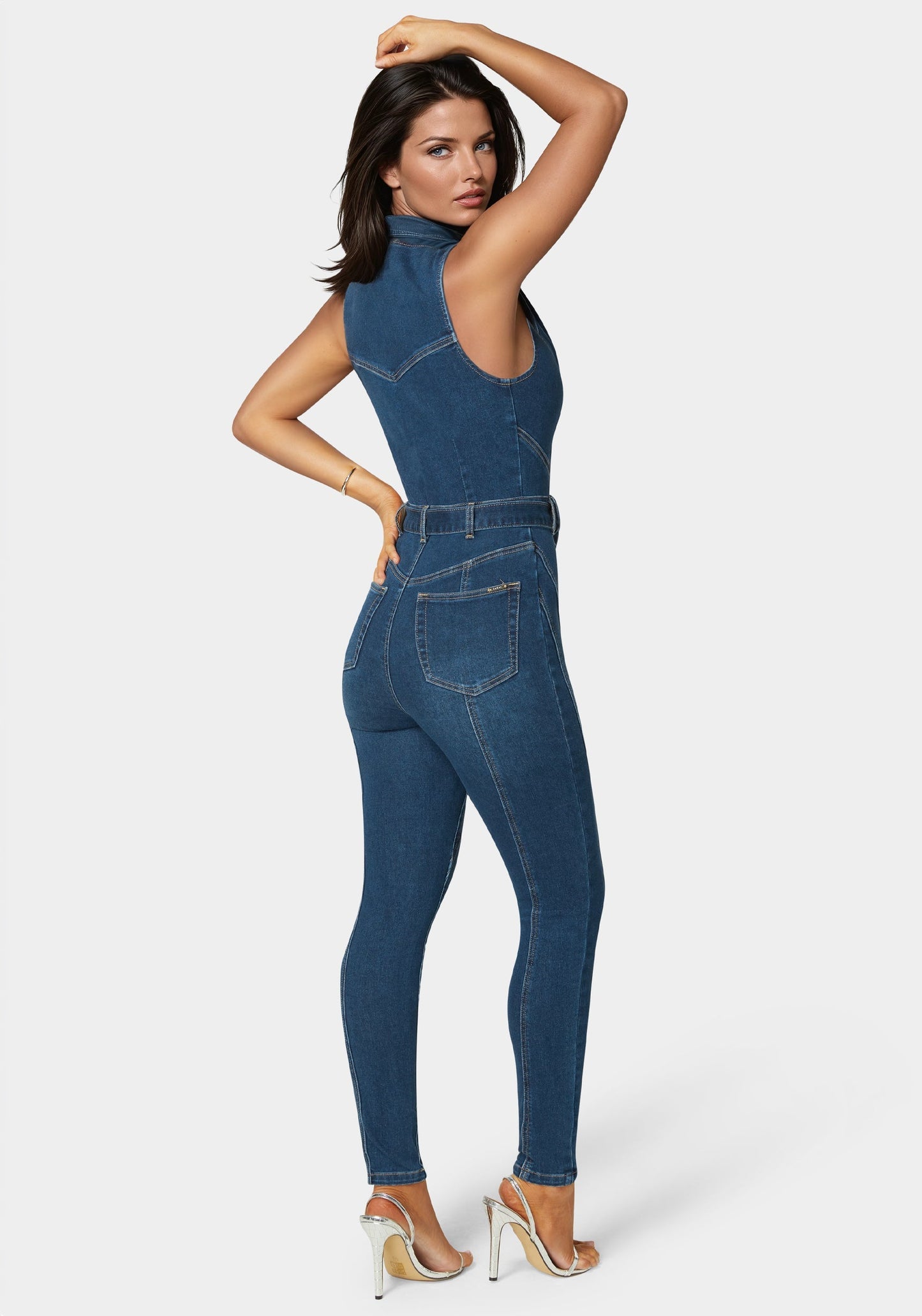 Belted Skinny Leg Denim Jumpsuit