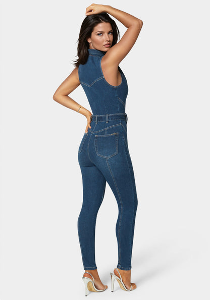 Belted Skinny Leg Denim Jumpsuit