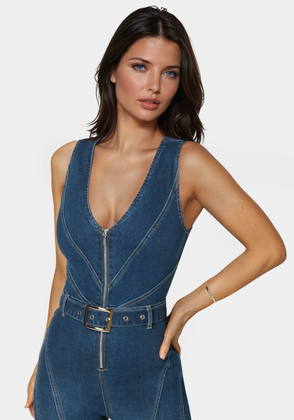 Belted Skinny Leg Denim Jumpsuit