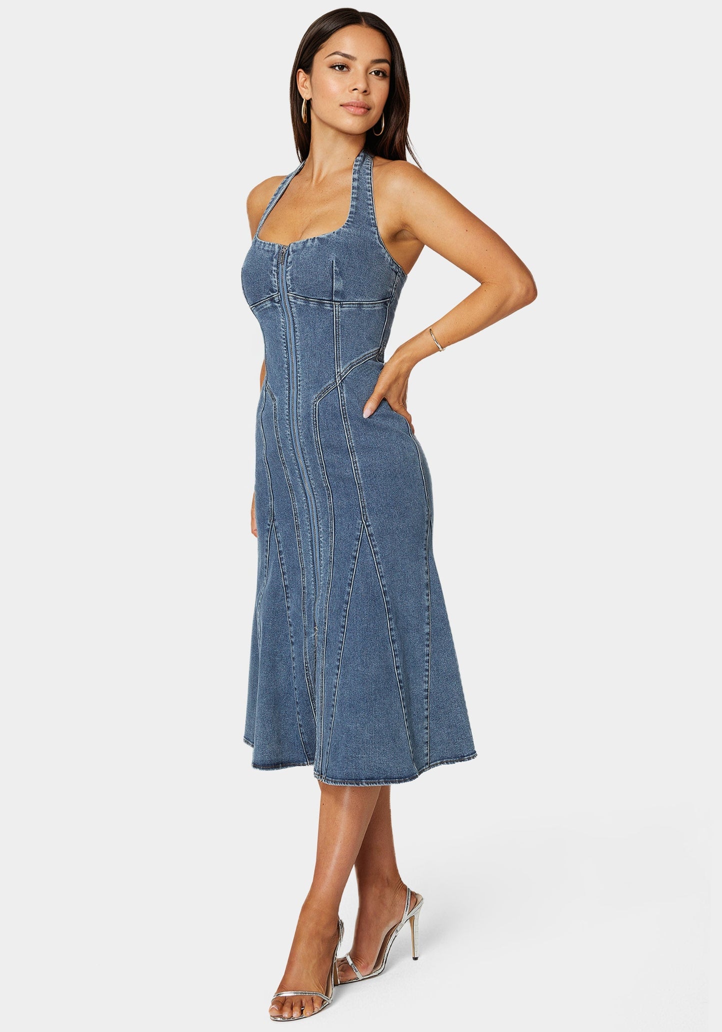 Halter Front Zipper Midi Denim Dress