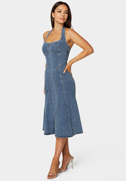 Halter Front Zipper Midi Denim Dress