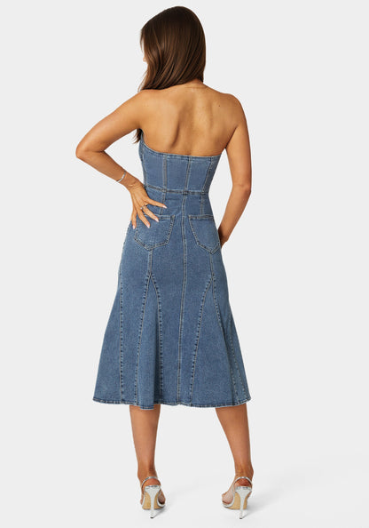 Halter Front Zipper Midi Denim Dress