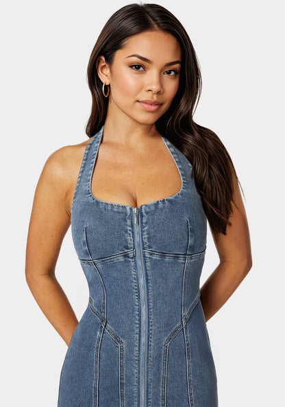 Halter Front Zipper Midi Denim Dress