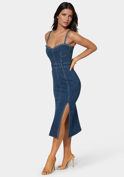 Neckline Chain Trim Midi Denim Dress