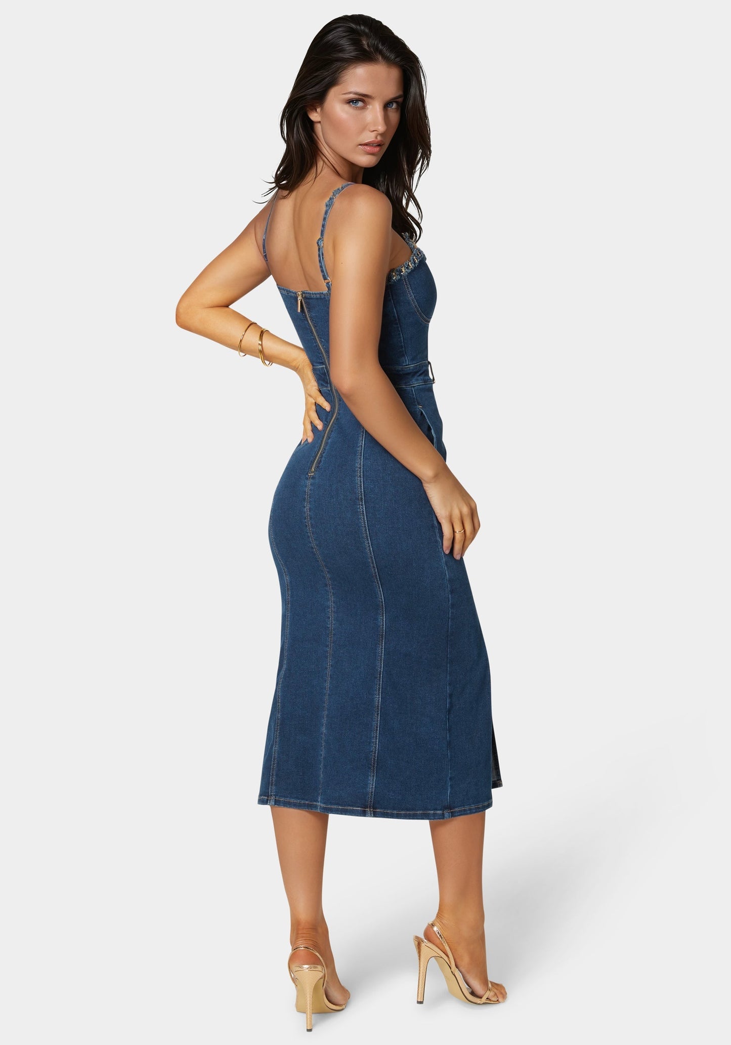 Neckline Chain Trim Midi Denim Dress