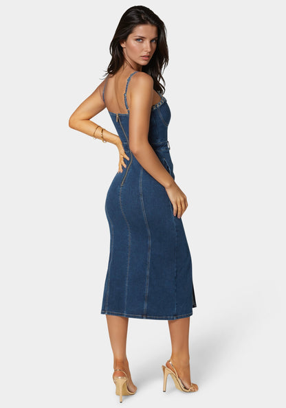 Neckline Chain Trim Midi Denim Dress