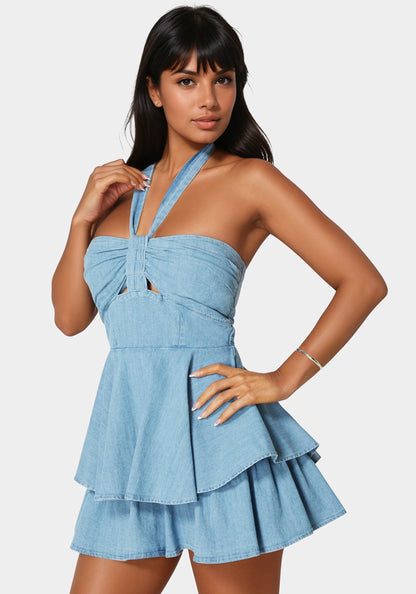 Cut Out Flared Denim Romper