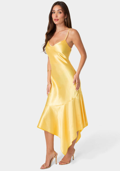 Satin V-Neck Hanky Maxi Dress