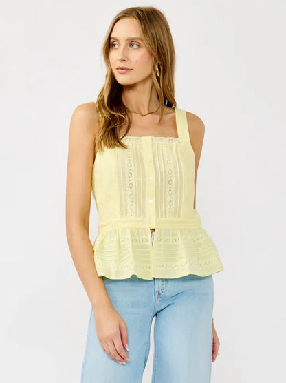 Dallas Sleeveless Button Down Lace Peplum Top Yellow