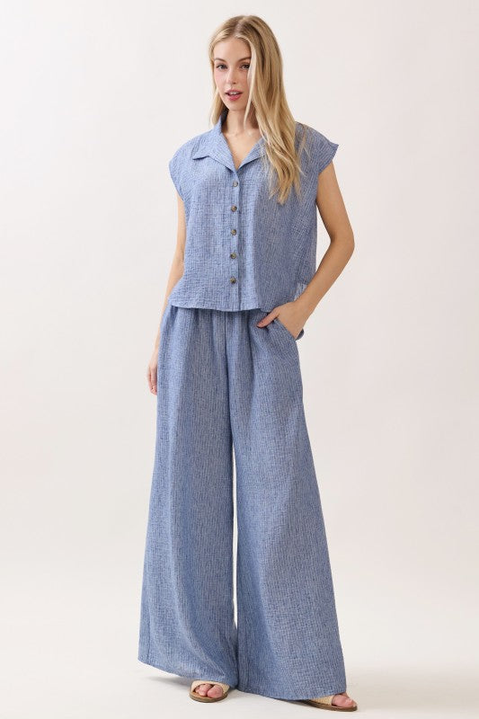 Bria High Waist Wide Leg Stripe Print Pants Blue
