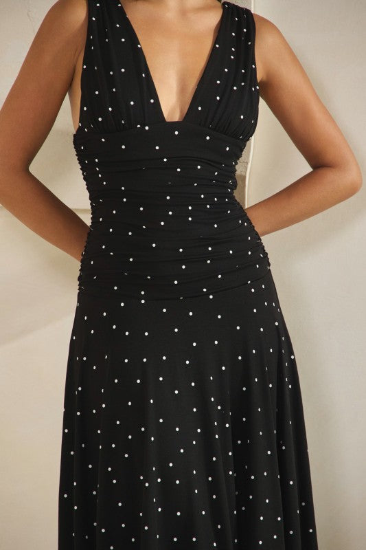 Pippa Sleeveless Asymmetrical Polka Dot Print Midi Dress Black