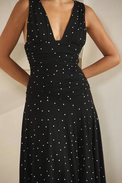 Pippa Sleeveless Asymmetrical Polka Dot Print Midi Dress Black