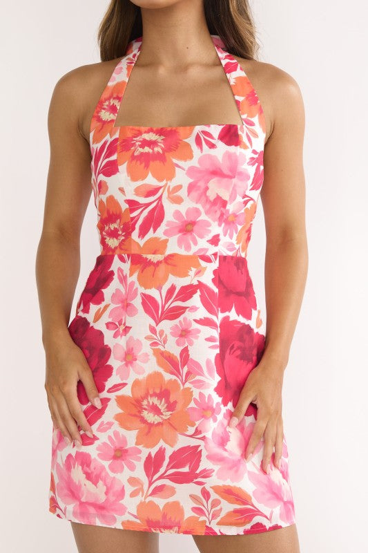 Stevie Sleeveless Halter Floral Print Mini Dress Pink