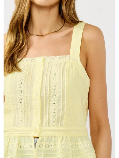 Dallas Sleeveless Button Down Lace Peplum Top Yellow