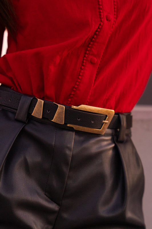 Adaris Geometric Metal Buckle Vegan Leather Belt Black