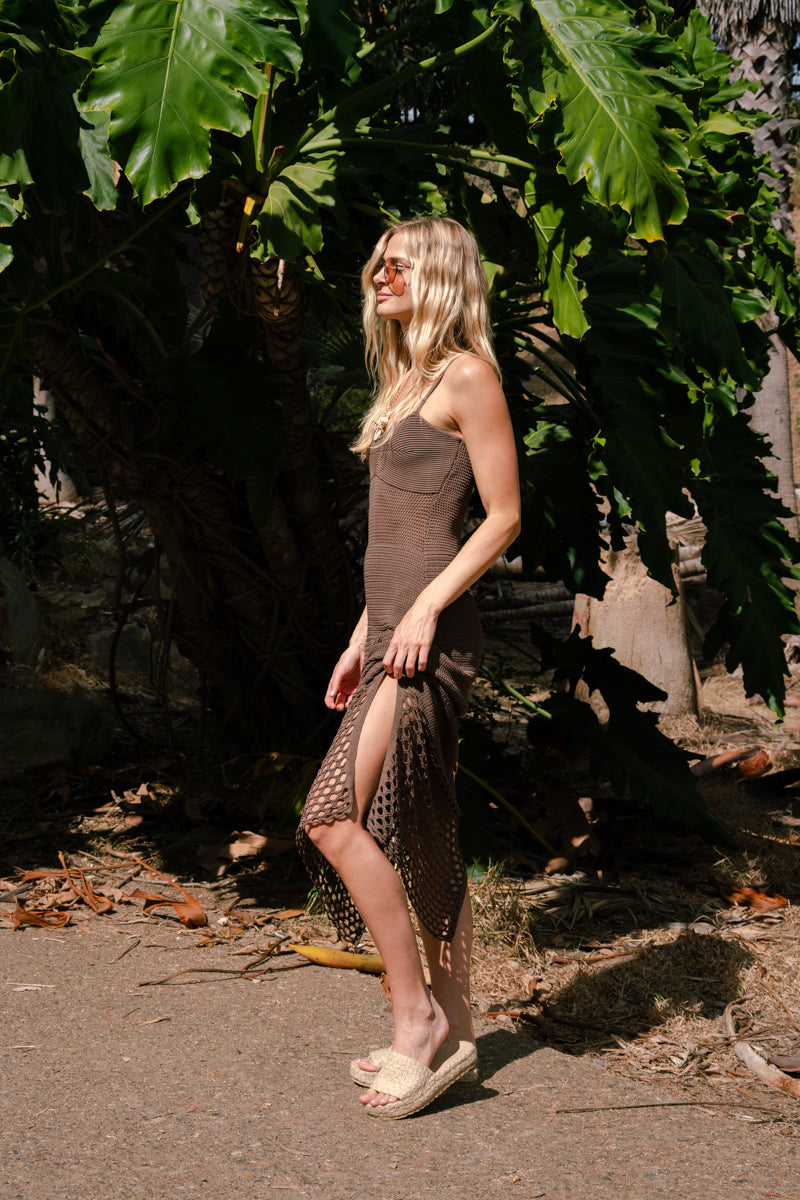 Brittany Sleeveless Crochet Knit Maxi Dress Brown