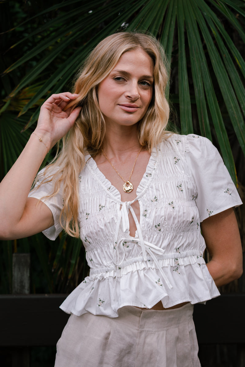Lane Short Sleeve Front Tie Floral Print Peplum Top White