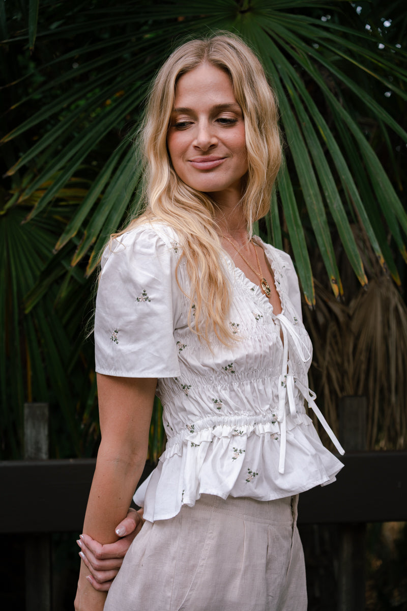 Lane Short Sleeve Front Tie Floral Print Peplum Top White