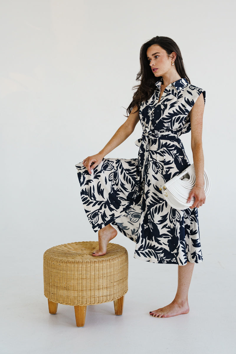 Briar Sleeveless Waist Tie Button Front Floral Print Midi Dress Ivory