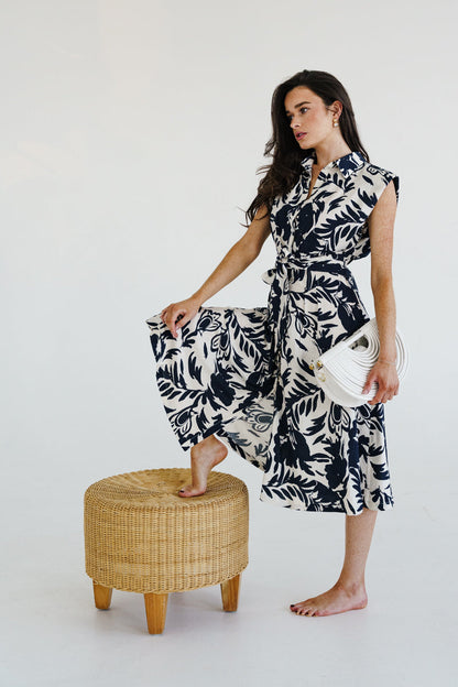 Briar Sleeveless Waist Tie Button Front Floral Print Midi Dress Ivory