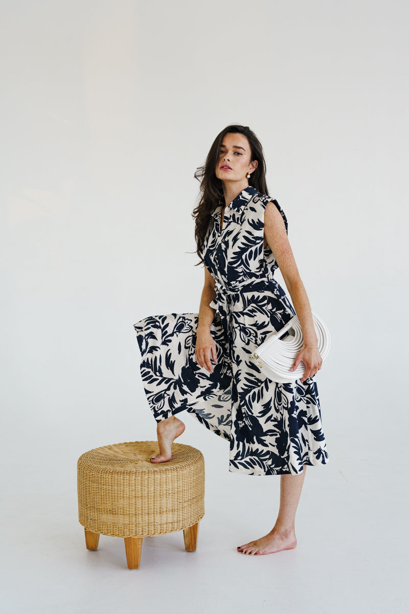 Briar Sleeveless Waist Tie Button Front Floral Print Midi Dress Ivory