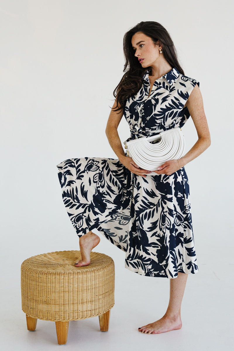 Briar Sleeveless Waist Tie Button Front Floral Print Midi Dress Ivory