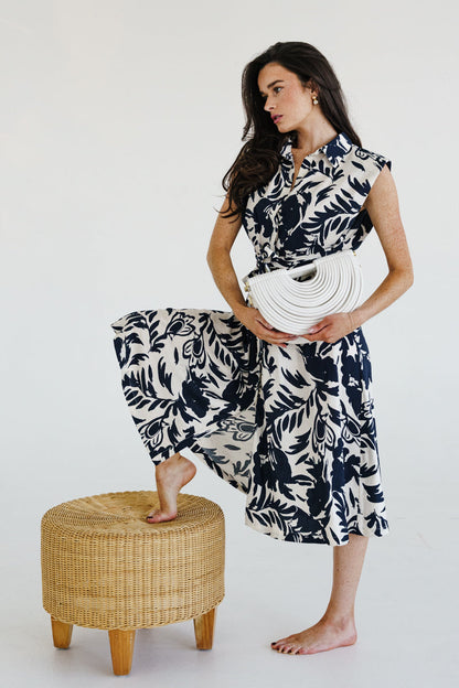Briar Sleeveless Waist Tie Button Front Floral Print Midi Dress Ivory