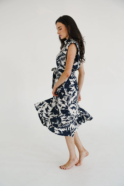 Briar Sleeveless Waist Tie Button Front Floral Print Midi Dress Ivory