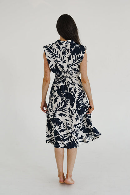 Briar Sleeveless Waist Tie Button Front Floral Print Midi Dress Ivory