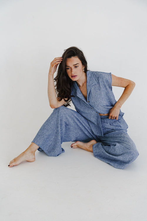 Bria High Waist Wide Leg Stripe Print Pants Blue