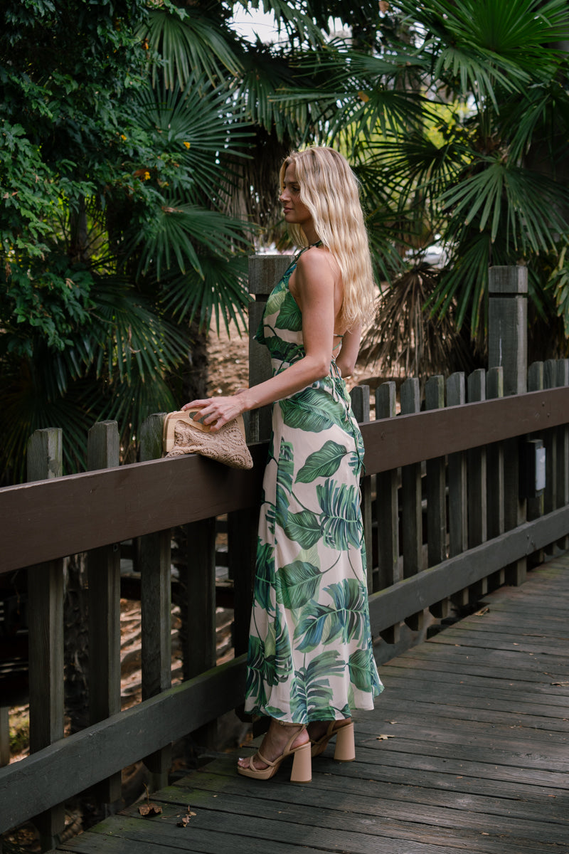 Jules Sleeveless Halter Open Back Tropical Print Maxi Dress Green