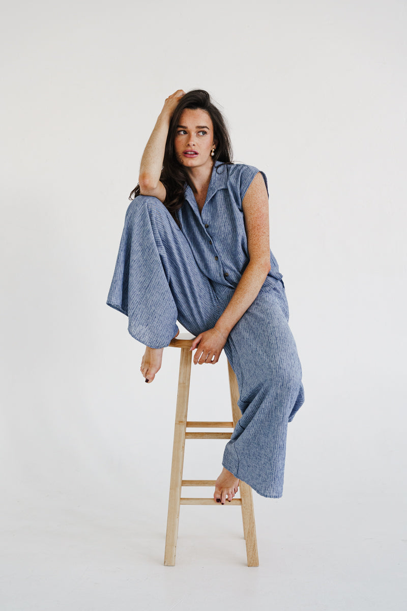Bria High Waist Wide Leg Stripe Print Pants Blue