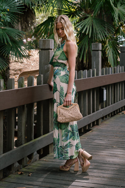 Jules Sleeveless Halter Open Back Tropical Print Maxi Dress Green