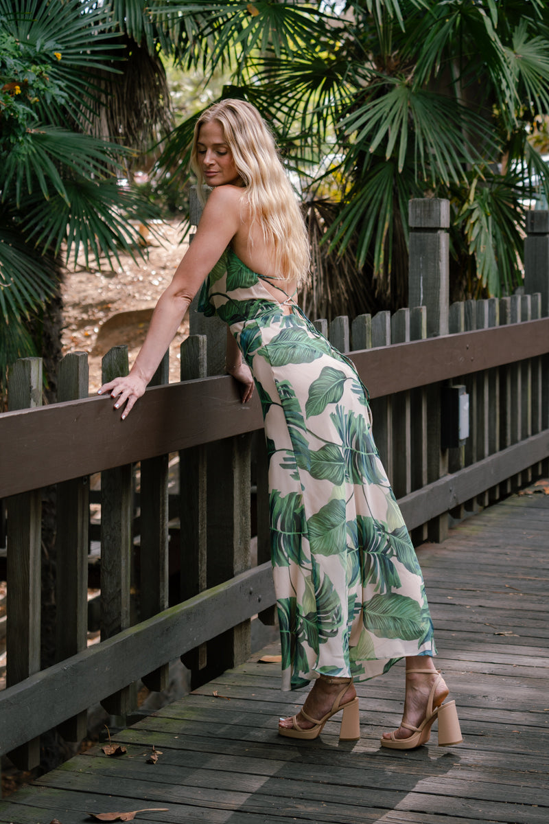 Jules Sleeveless Halter Open Back Tropical Print Maxi Dress Green