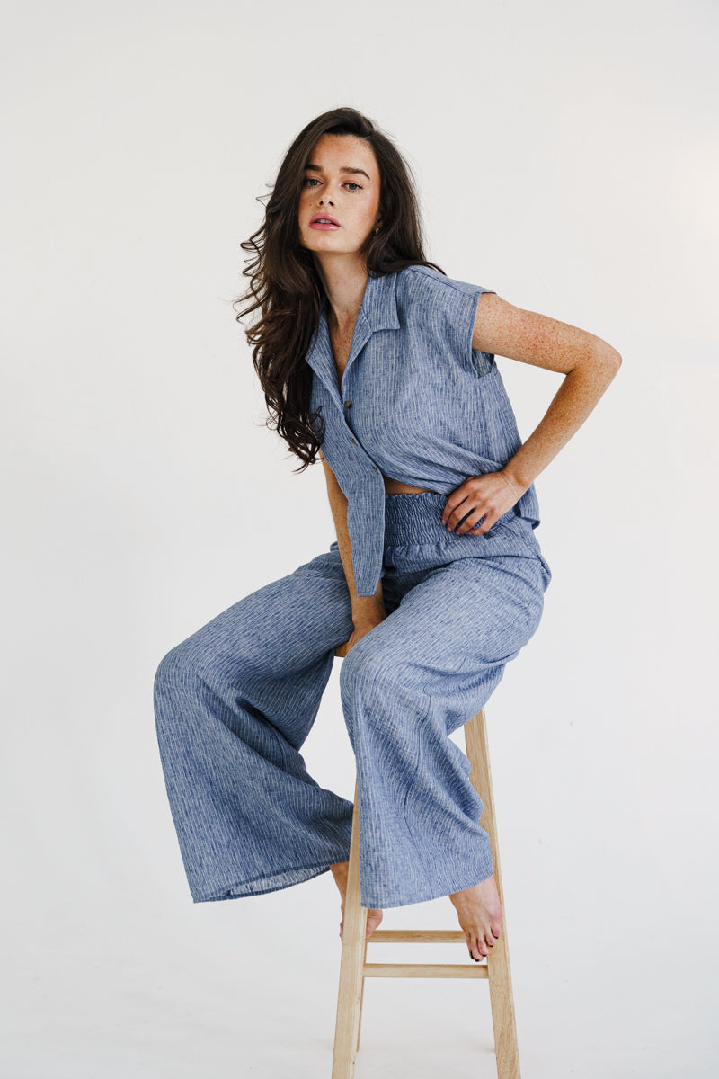 Bria High Waist Wide Leg Stripe Print Pants Blue