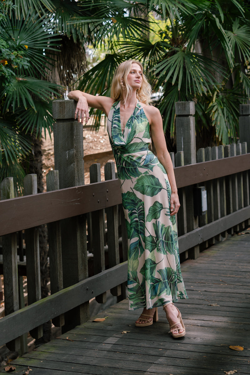 Jules Sleeveless Halter Open Back Tropical Print Maxi Dress Green