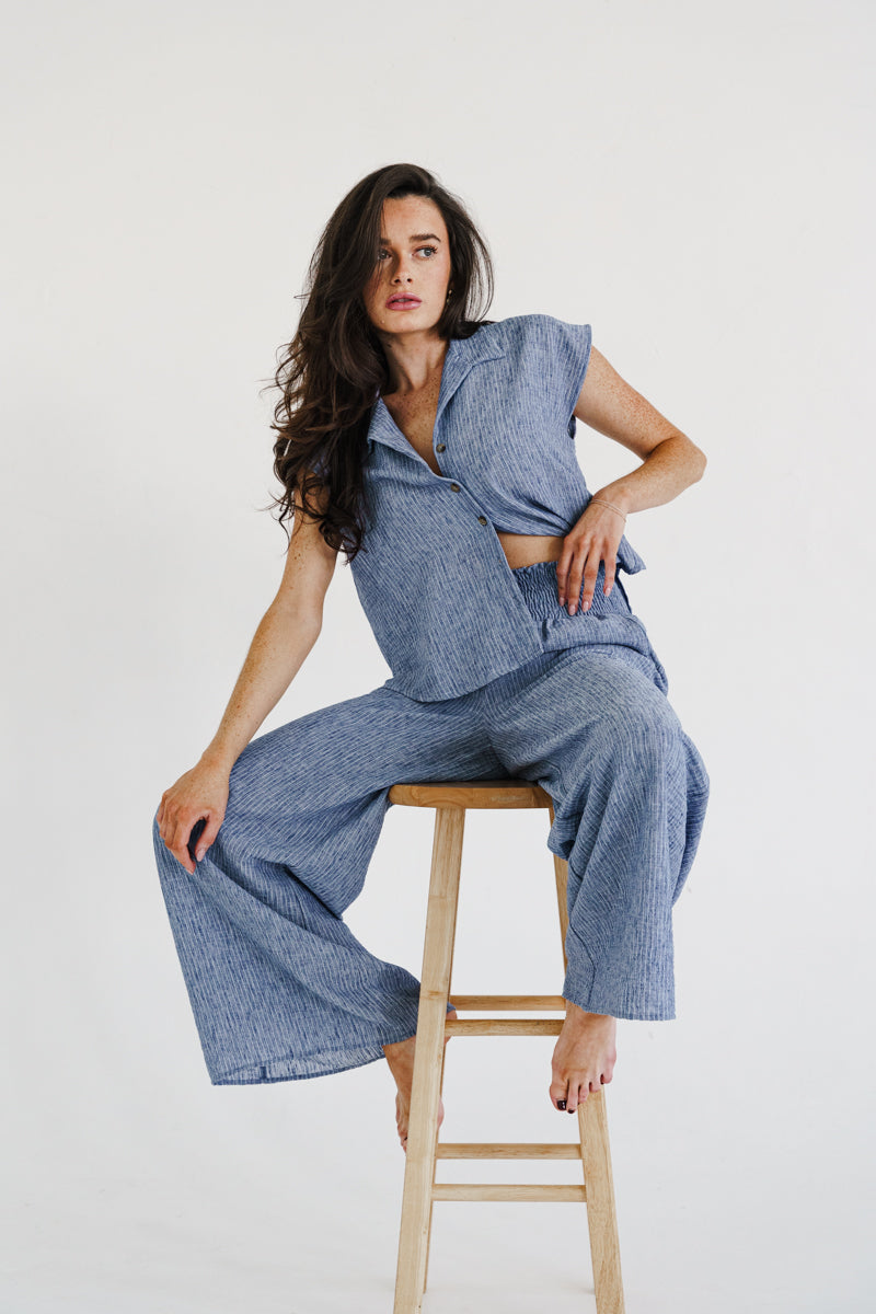 Bria High Waist Wide Leg Stripe Print Pants Blue