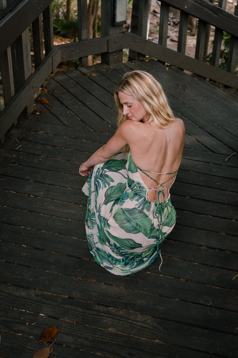 Jules Sleeveless Halter Open Back Tropical Print Maxi Dress Green