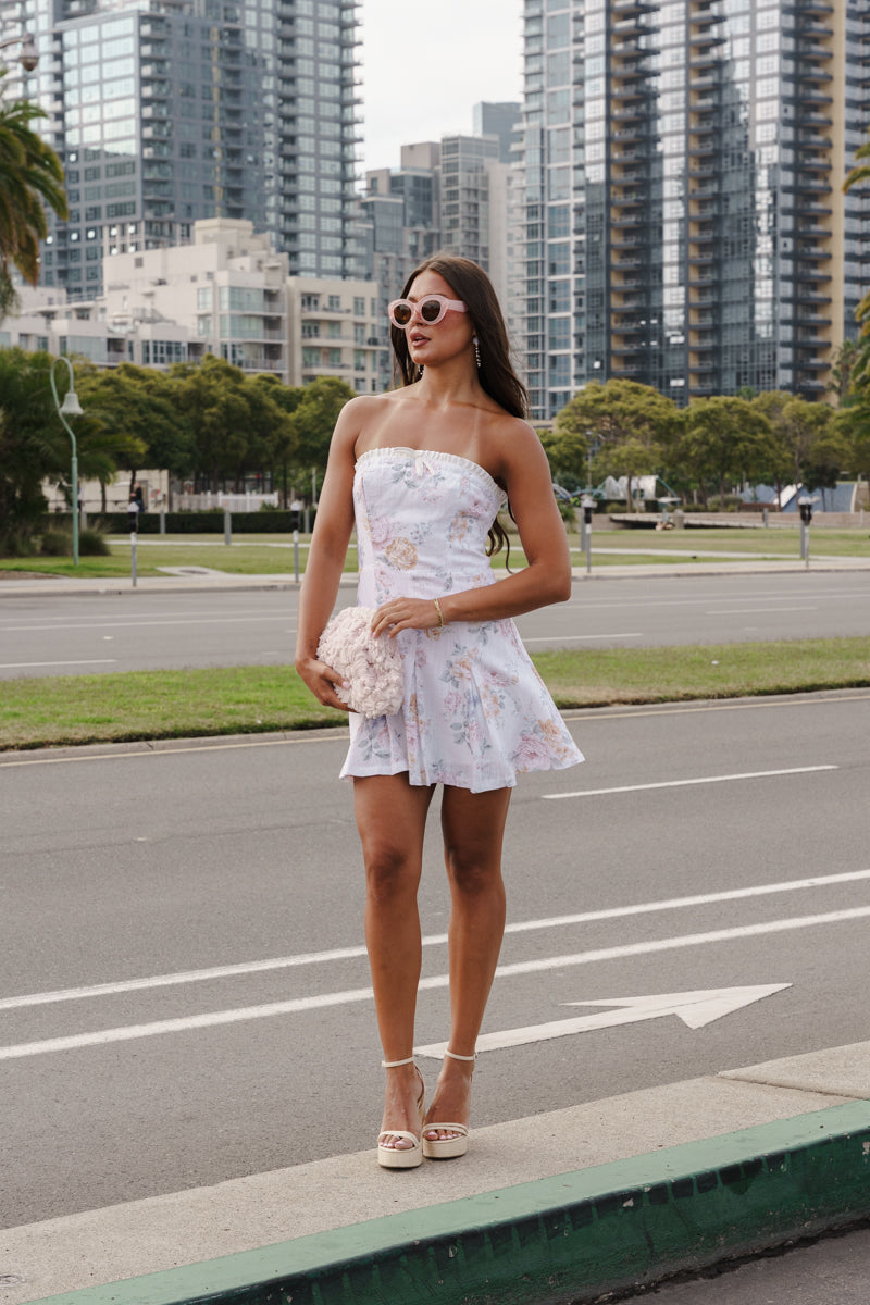 Ora Sleeveless Bow Front Floral Print Mini Dress White