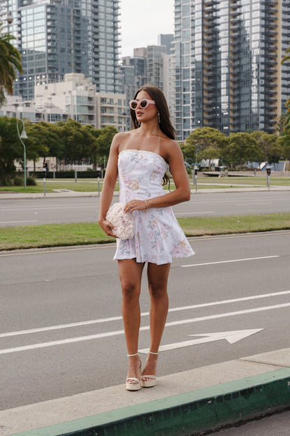 Ora Sleeveless Bow Front Floral Print Mini Dress White