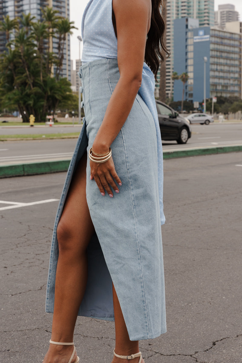 Pandora High Waist Double Breasted Denim Midi Skirt Medium Wash