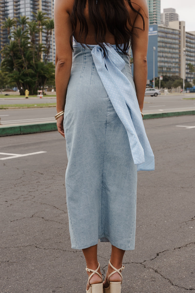 Pandora High Waist Double Breasted Denim Midi Skirt Medium Wash